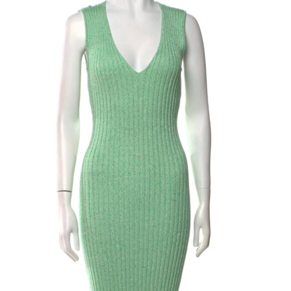 S - Ronny Kono V neck Bodycon Light Green Knitted Midi Dress - Picture 1 of 3